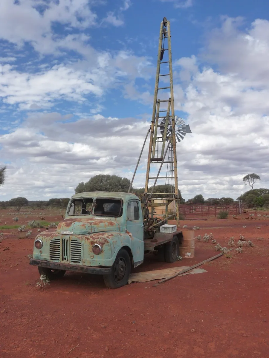 Historic windmill truck in the remote Australian outback