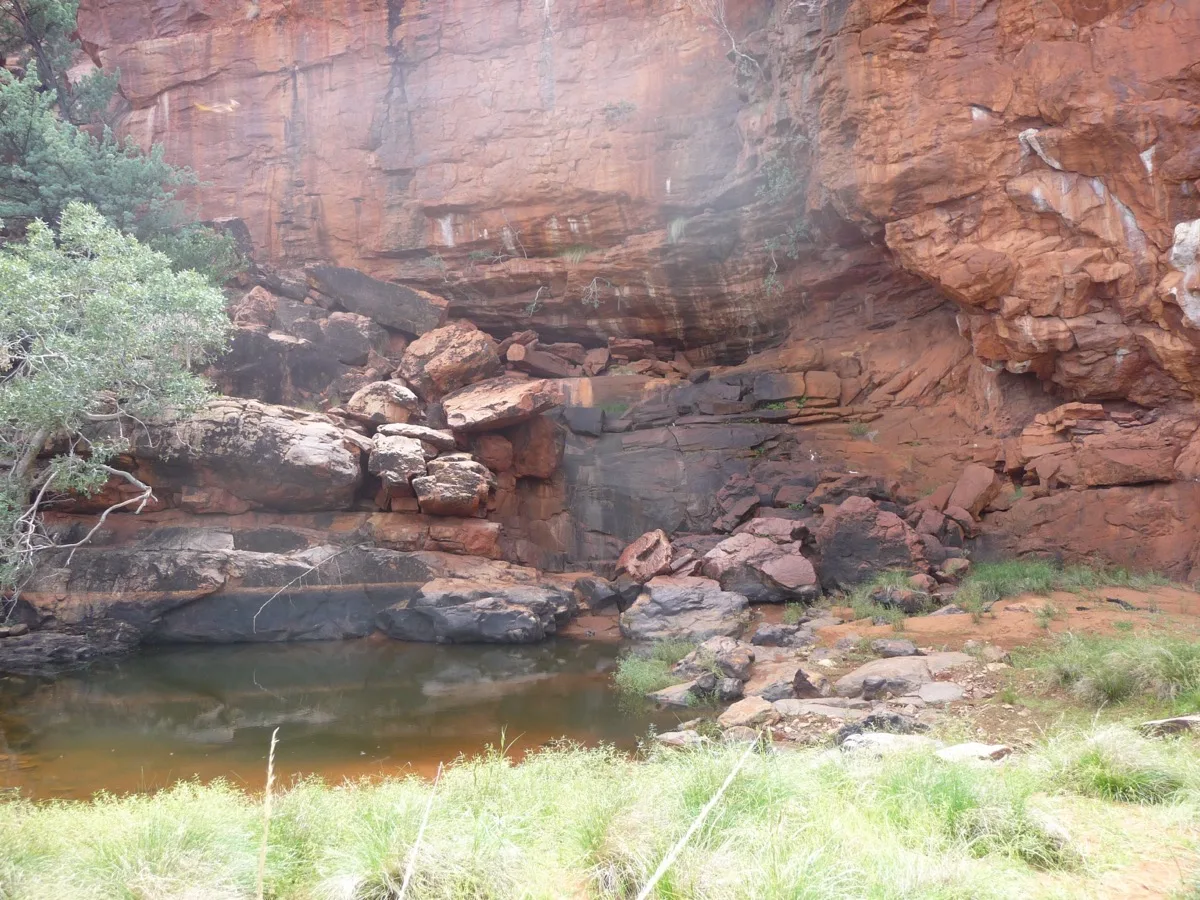 Desert waterhole nestled beneath ancient sandstone cliffs