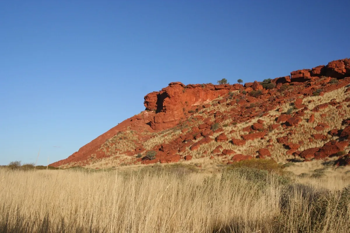 Ancient red escarpments tower over golden spinifex plains
