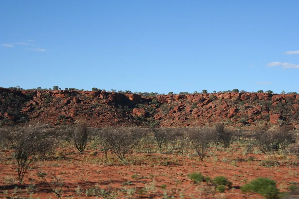 Rugged red rock ranges viewed from the road
