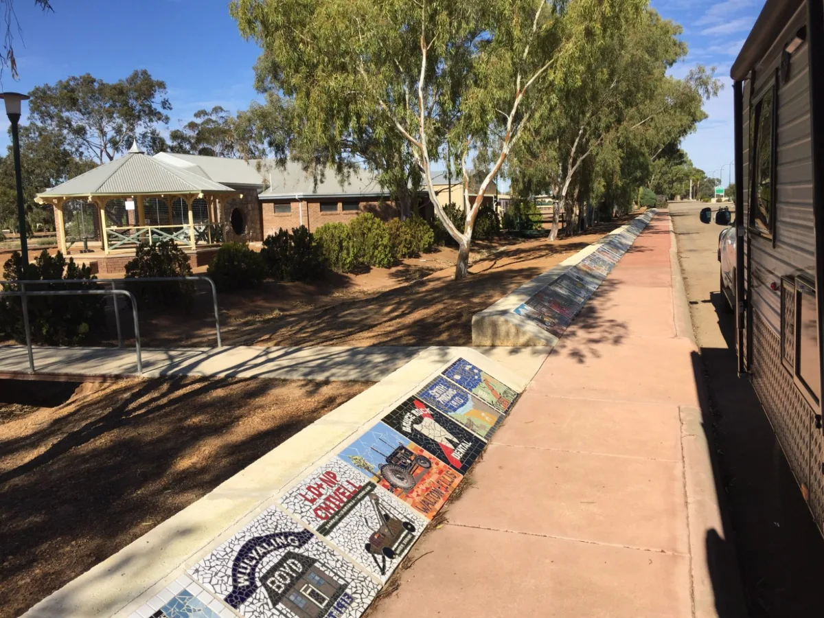 Mosaic storytelling pathway at Bruce Rock caravan stop