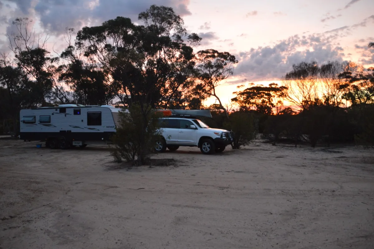 Our caravan setup catching the last light of day