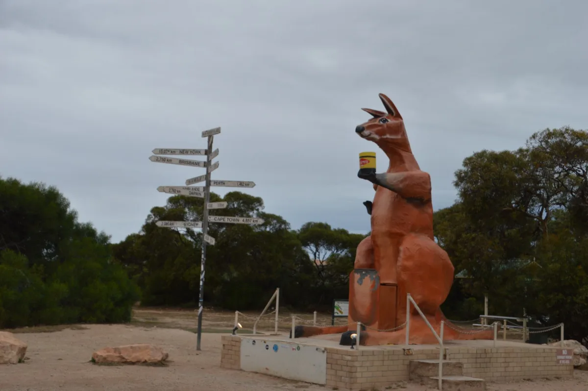 Giant kangaroo with Vegemite welcomes travelers at Border Village