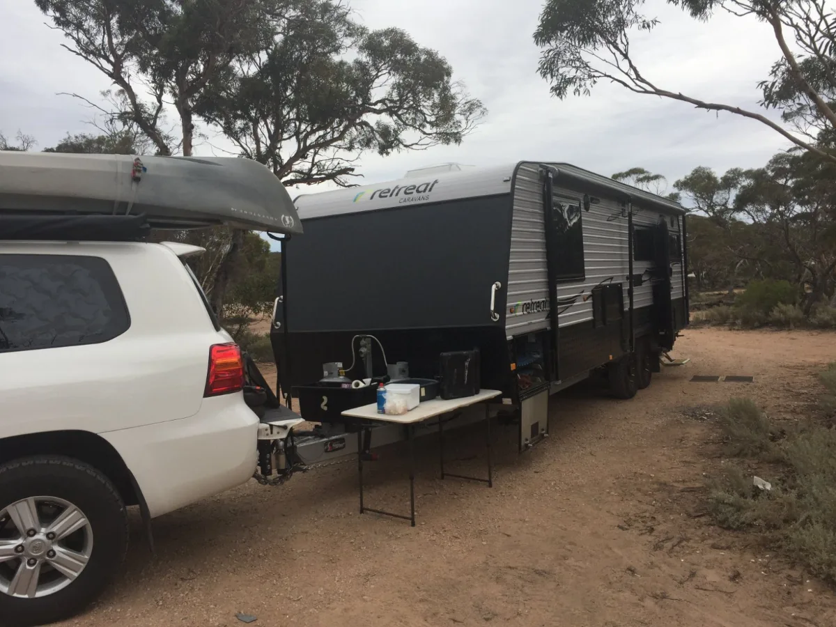 Bush camp setup with Retreat Caravan in South Australian wilderness