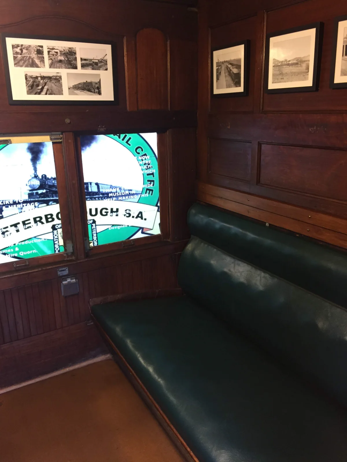 Original carriage seating preserved at Peterborough's railway museum heritage display