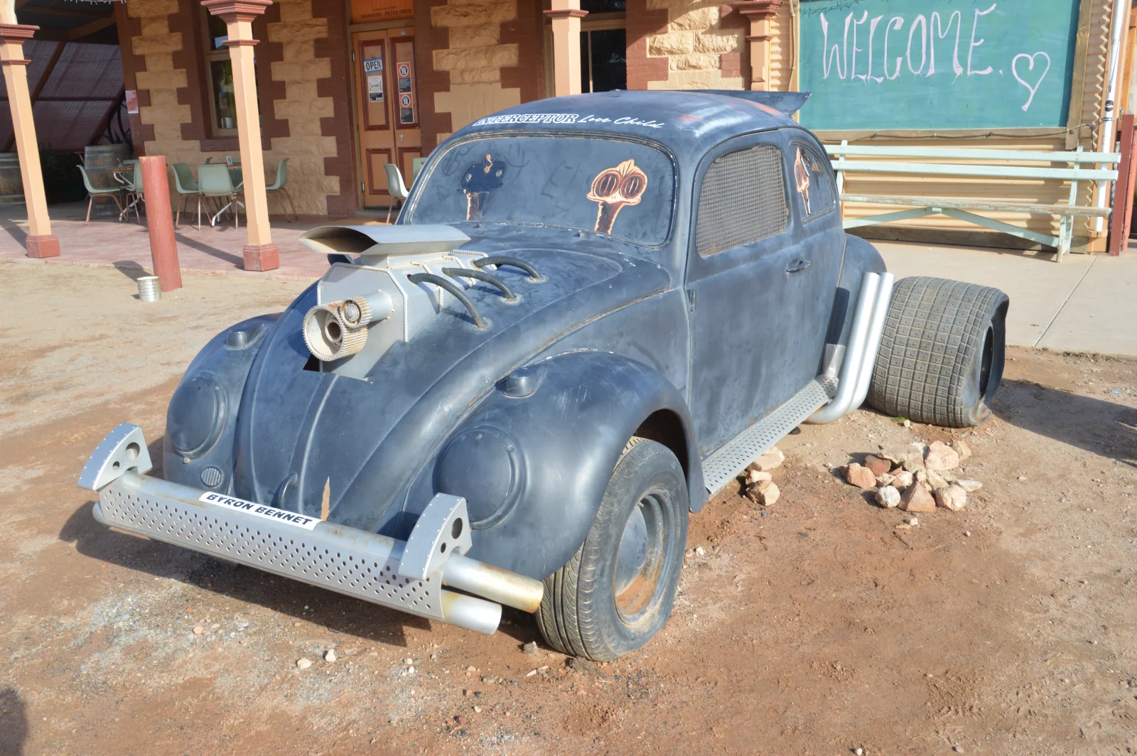 Mad Max-inspired VW Beetle art installation at Silverton Hotel