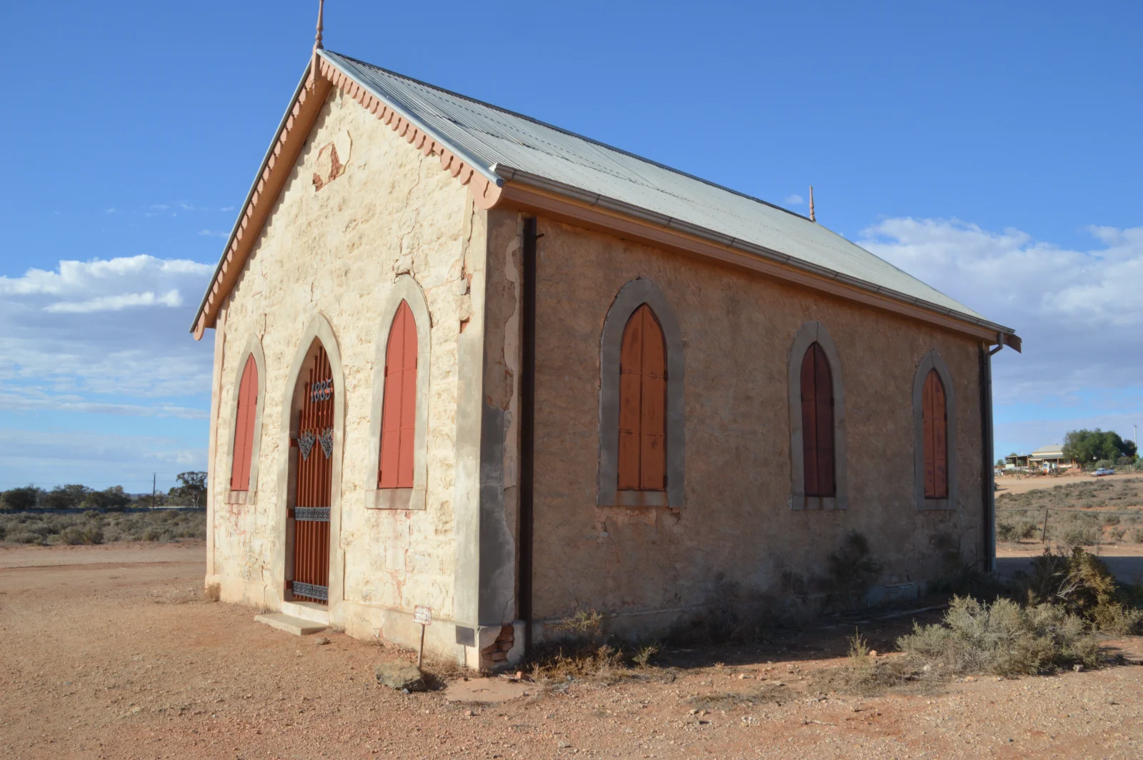 Historic stone church with Gothic windows in outback Australia