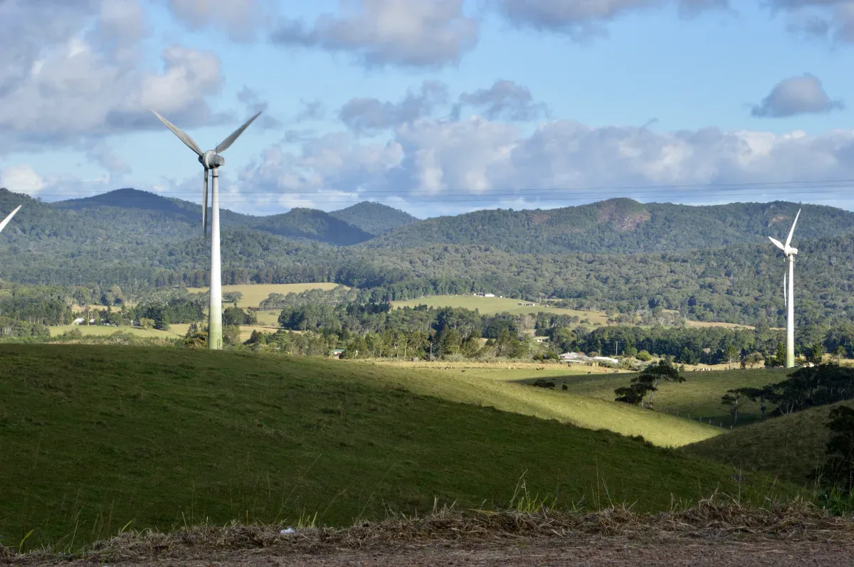 Looking across the rural landscape towards the distant mountains.