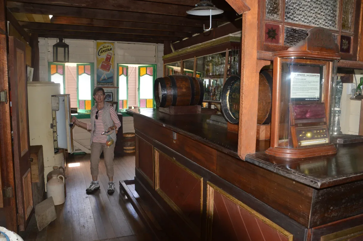 Lisa contemplates ordering a drink at the meticulously recreated pub.