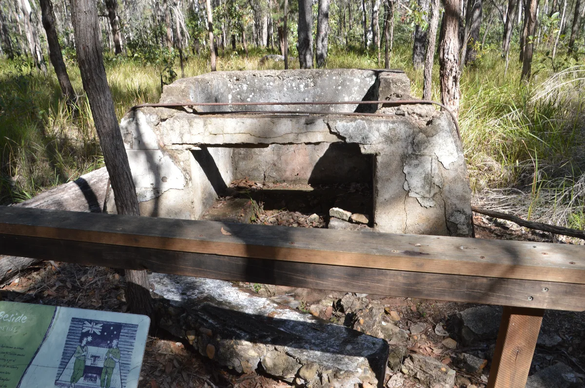 The deteriorated fireplace of the officer's mess, a poignant reminder of the passage of time.