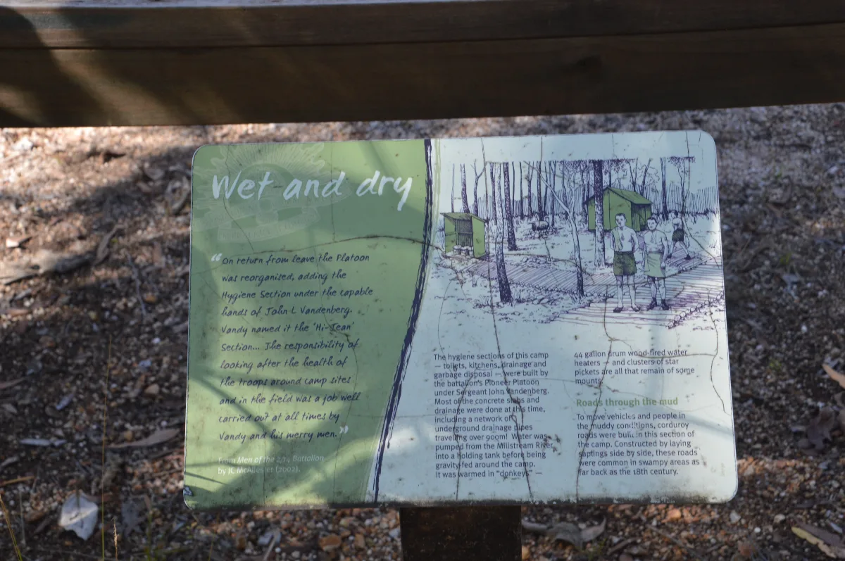 An information board at the Millstream WWII heritage site detailing the efforts to maintain hygiene within the camp. Essential stuff, even in the tropics.