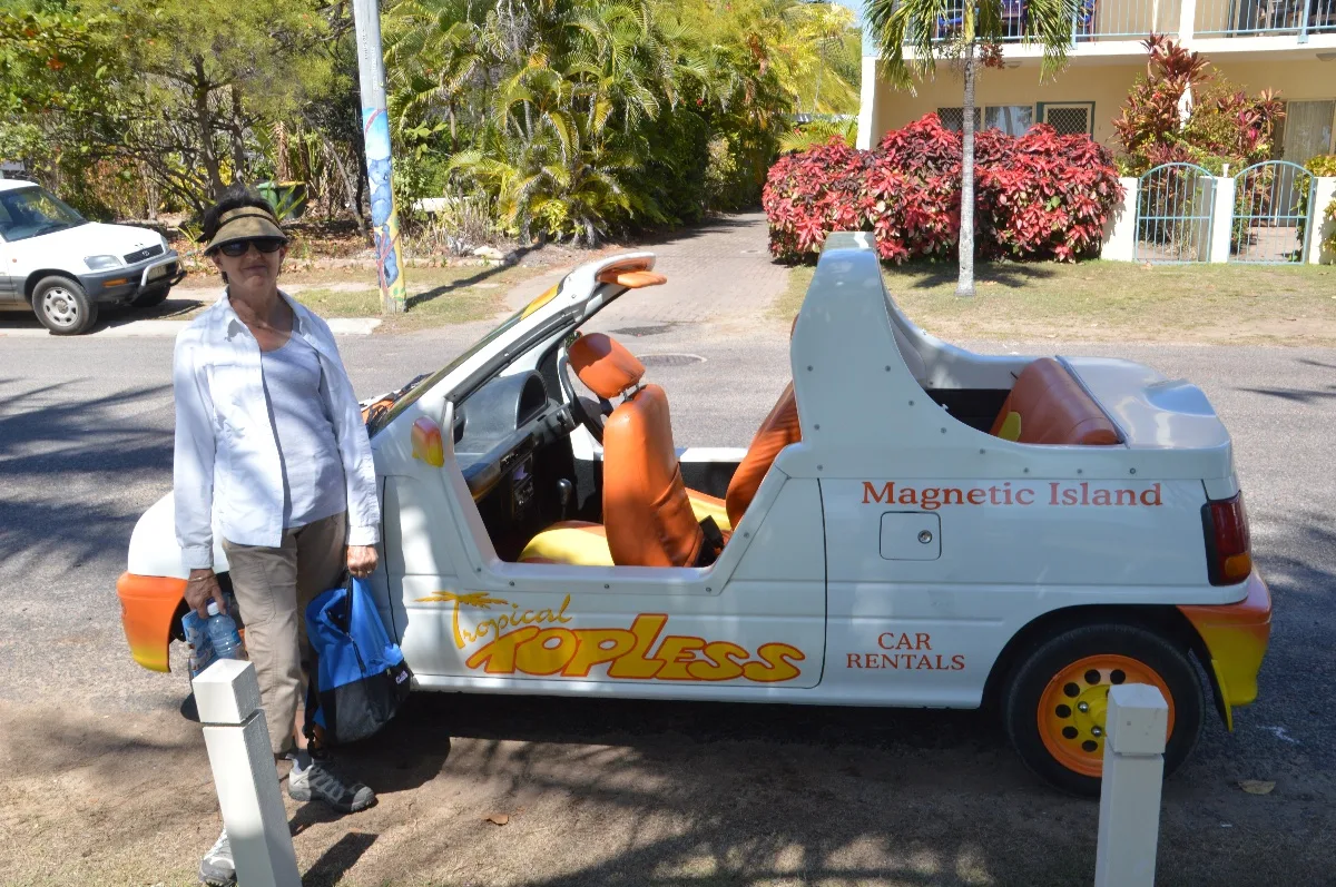 Lisa poses with one of the 'topless' cars available for rent on Magnetic Island. A rather quirky way to get around.