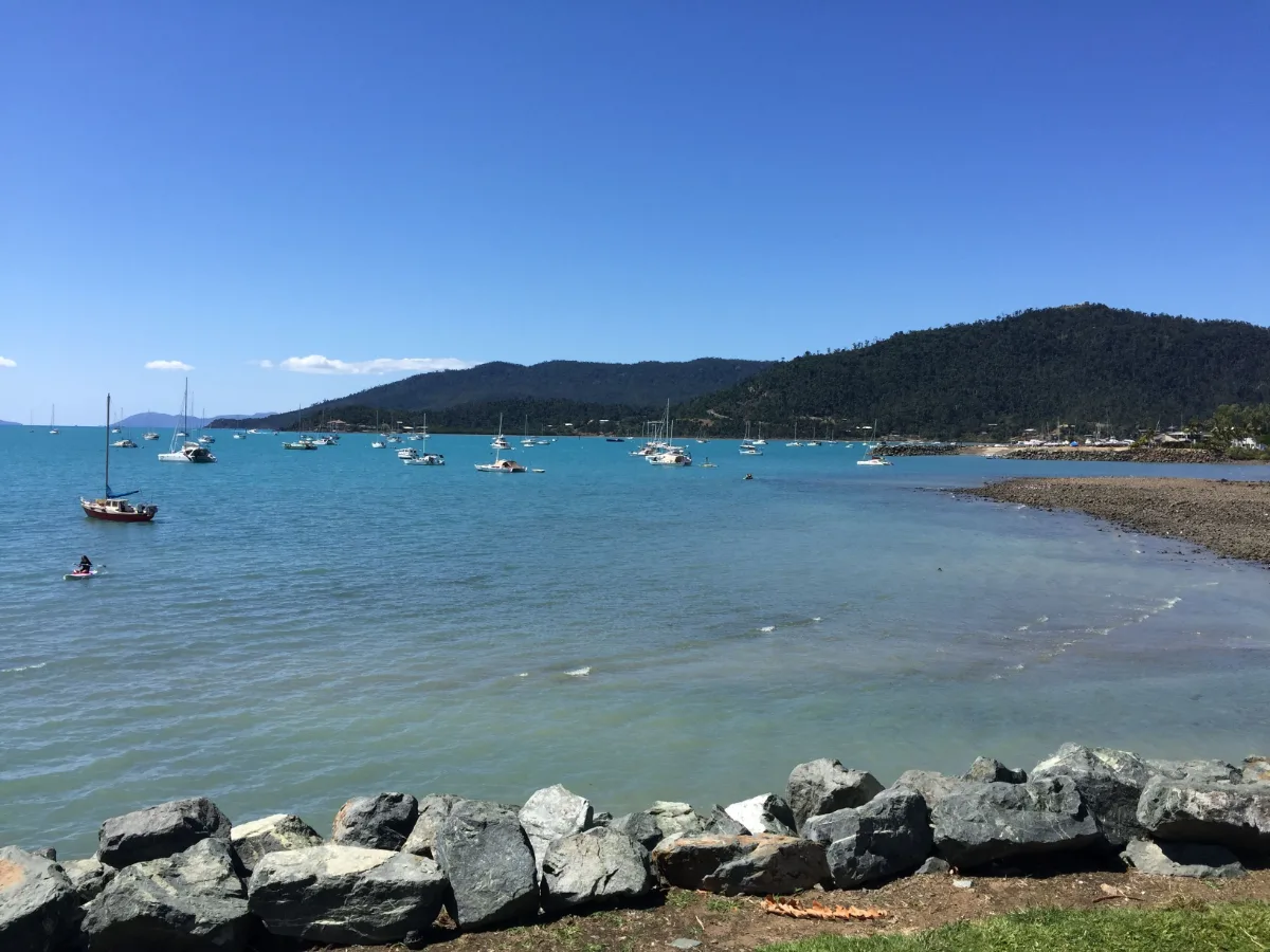 The crystal clear waters surrounding Shute Harbour are dotted with various vessels, a testament to the location's popularity.