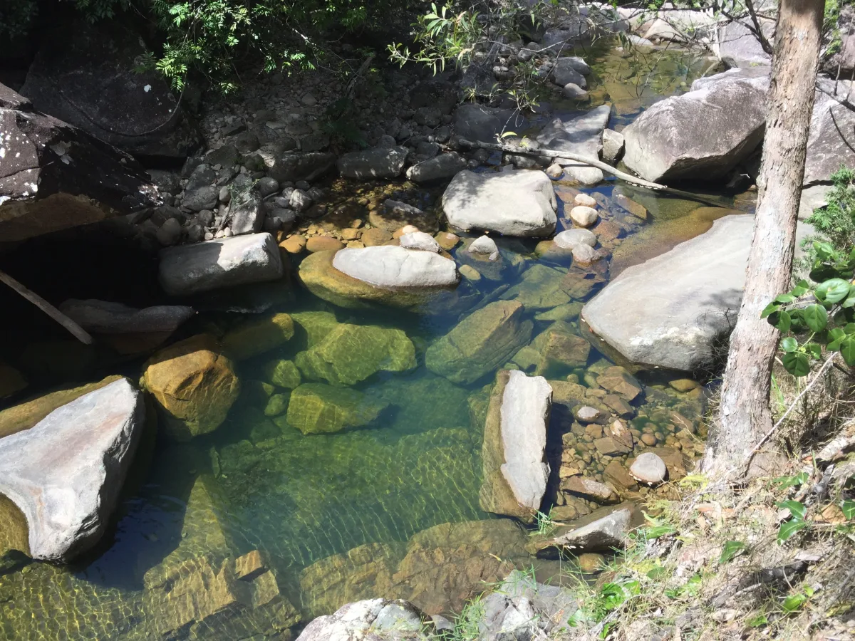 Clear water reveals the colorful stones beneath the surface.