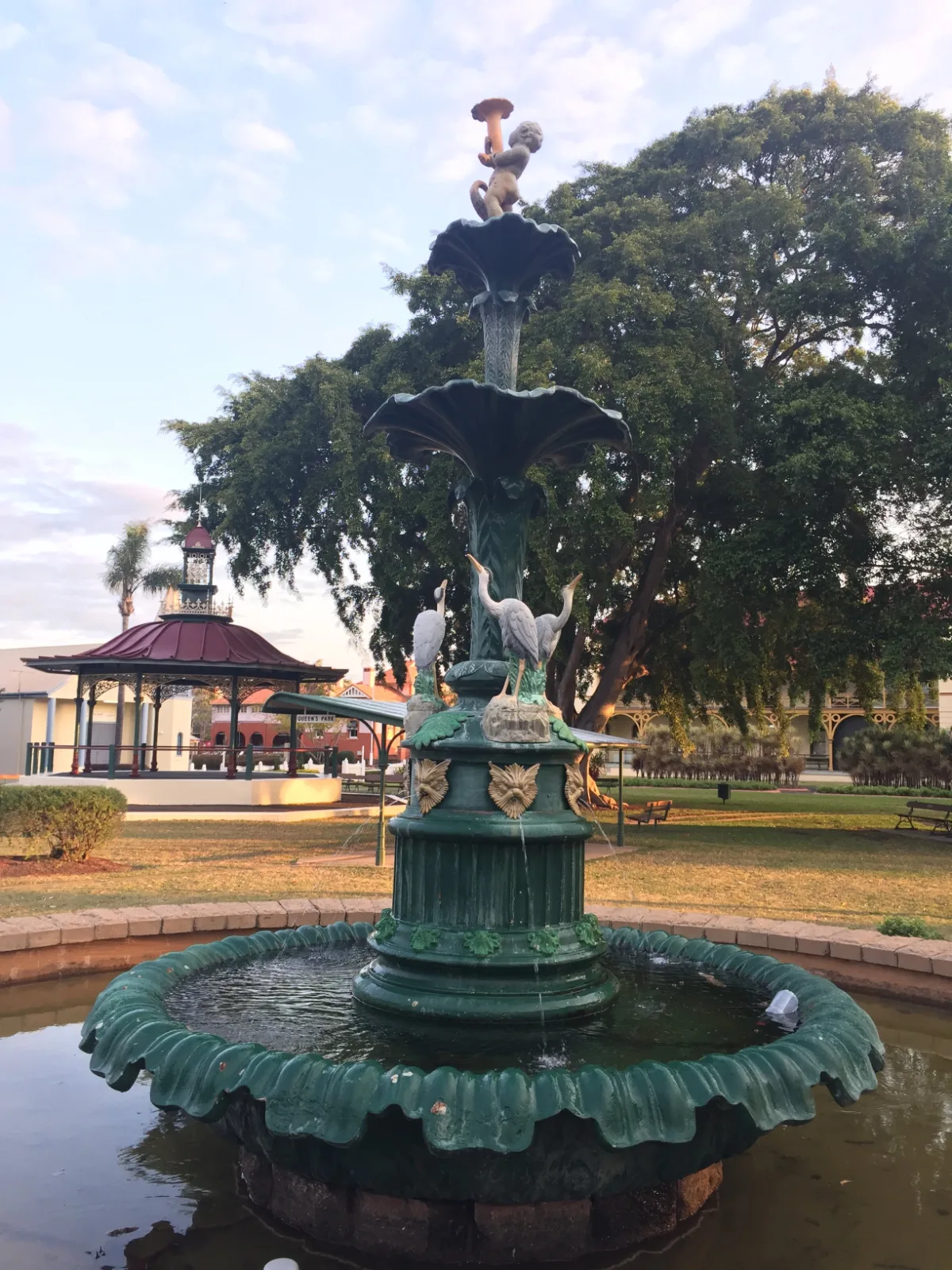 The ornate fountain in the park, a delightful centerpiece to Maryborough's central green space.
