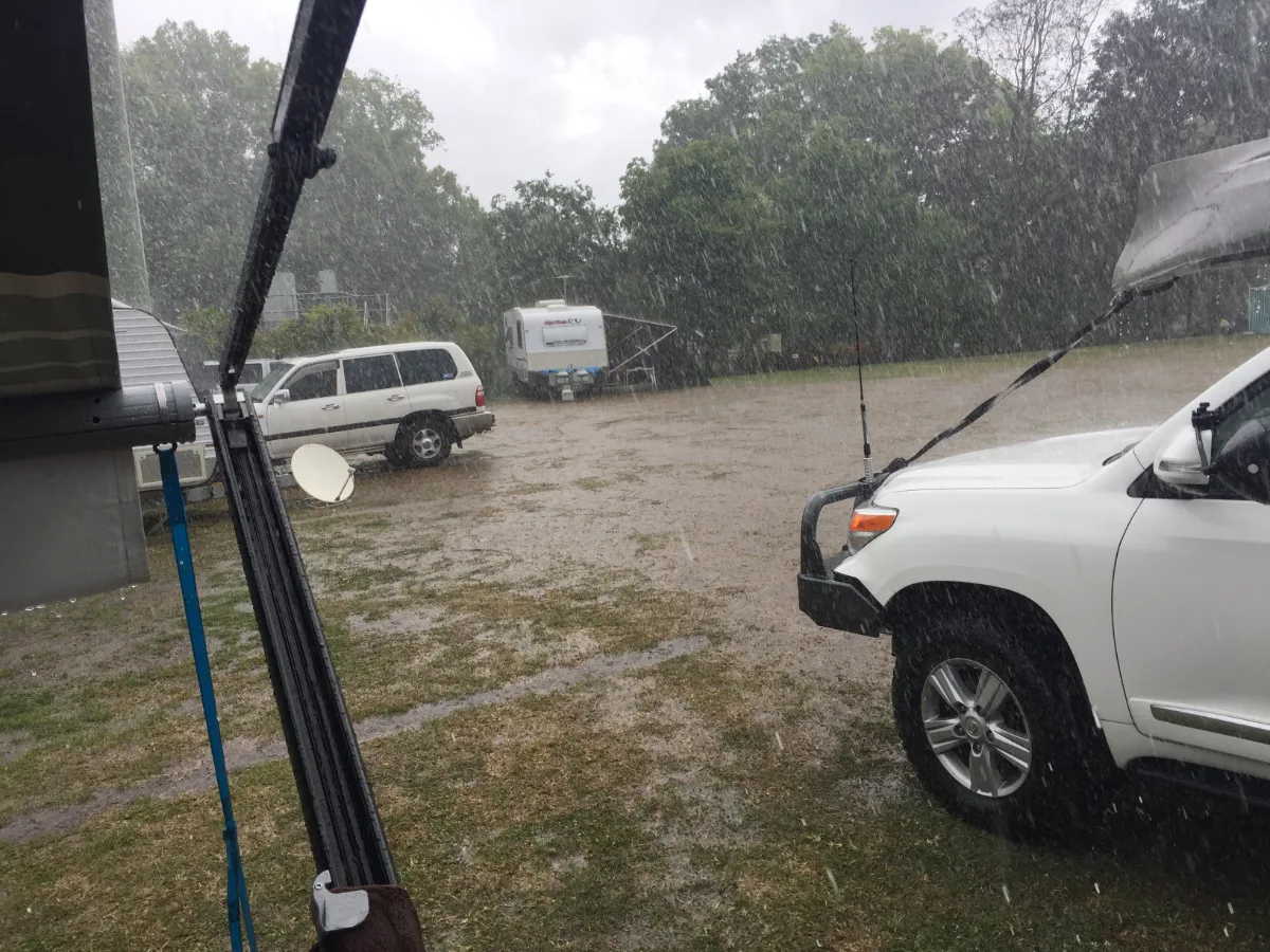 Heavy rain pelts our campsite on the Sunshine Coast.