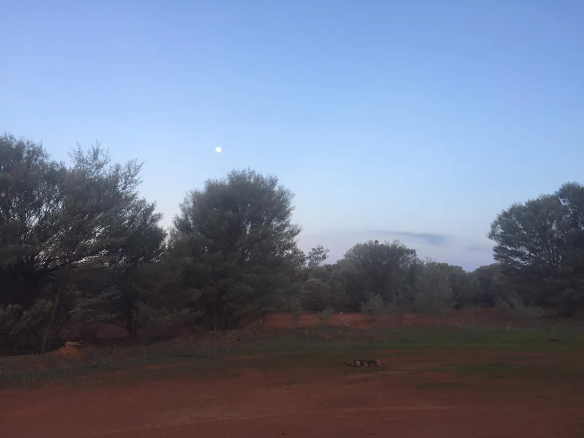 The Outback sky near Bourke at dusk, with a nearly full moon overhead.