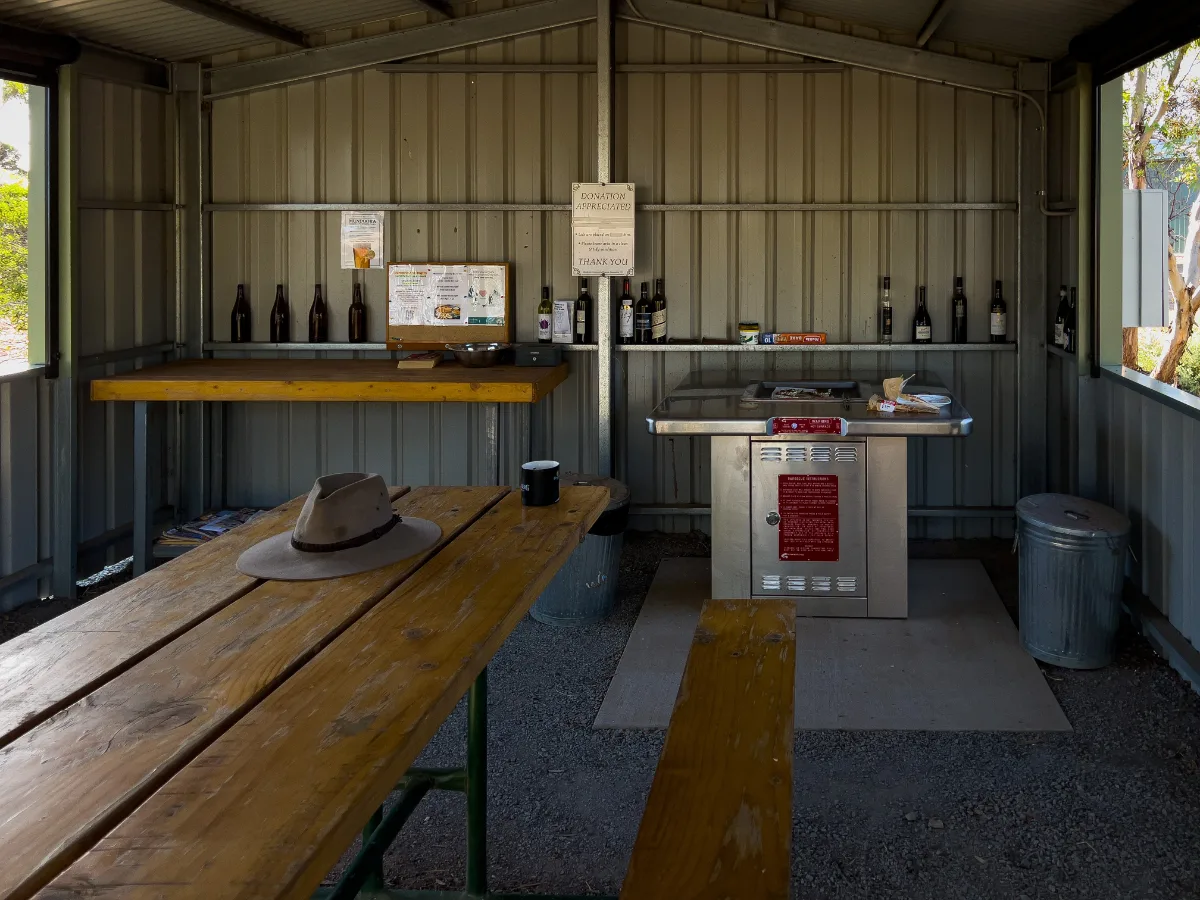 Close-up of the cooking area in the Mundoora camp kitchen, complete with a generous collection of... souvenirs.
