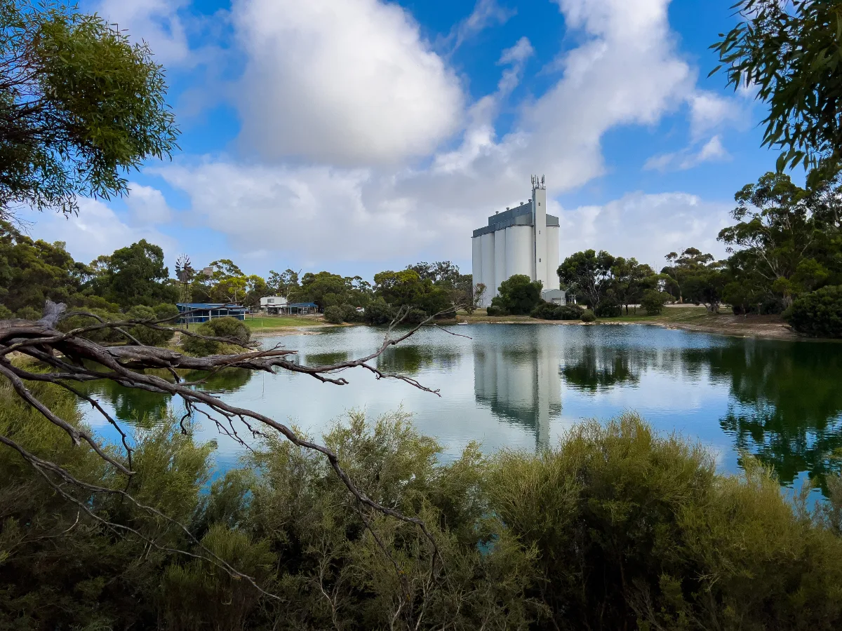 The Tintinara silos, a prominent feature reflected in the still waters of a nearby lake.