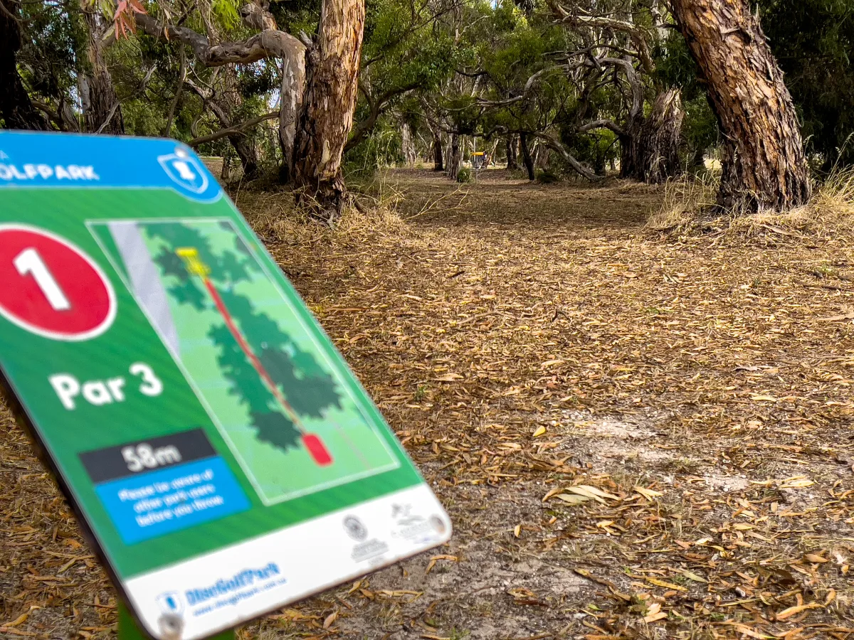 Tee off! The first hole on the Tintinara frisbee golf course, nestled amongst the trees.