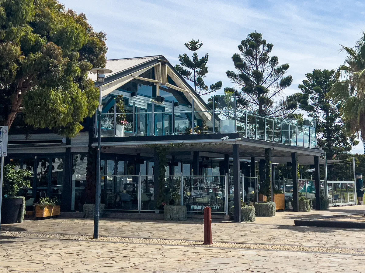 A modern cafe sits on the water's edge in Geelong, offering scenic views with your lunch.