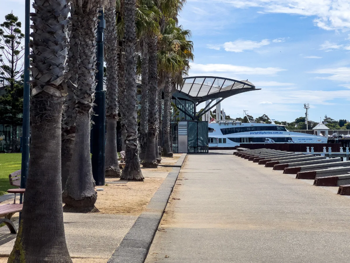 A catamaran ferry sits ready for passengers at the Geelong port. It hints at grand adventures that await.