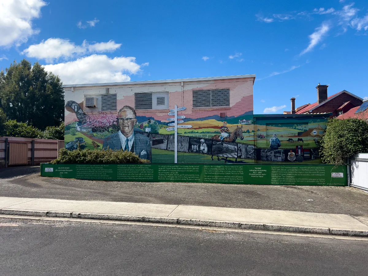 A sprawling mural depicts the history and landscape of Sheffield, Tasmania.