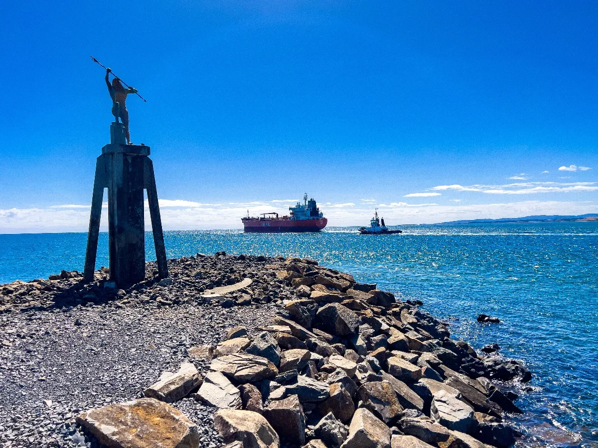A powerful statue standing guard at the mouth of the Mersey River in Devonport.