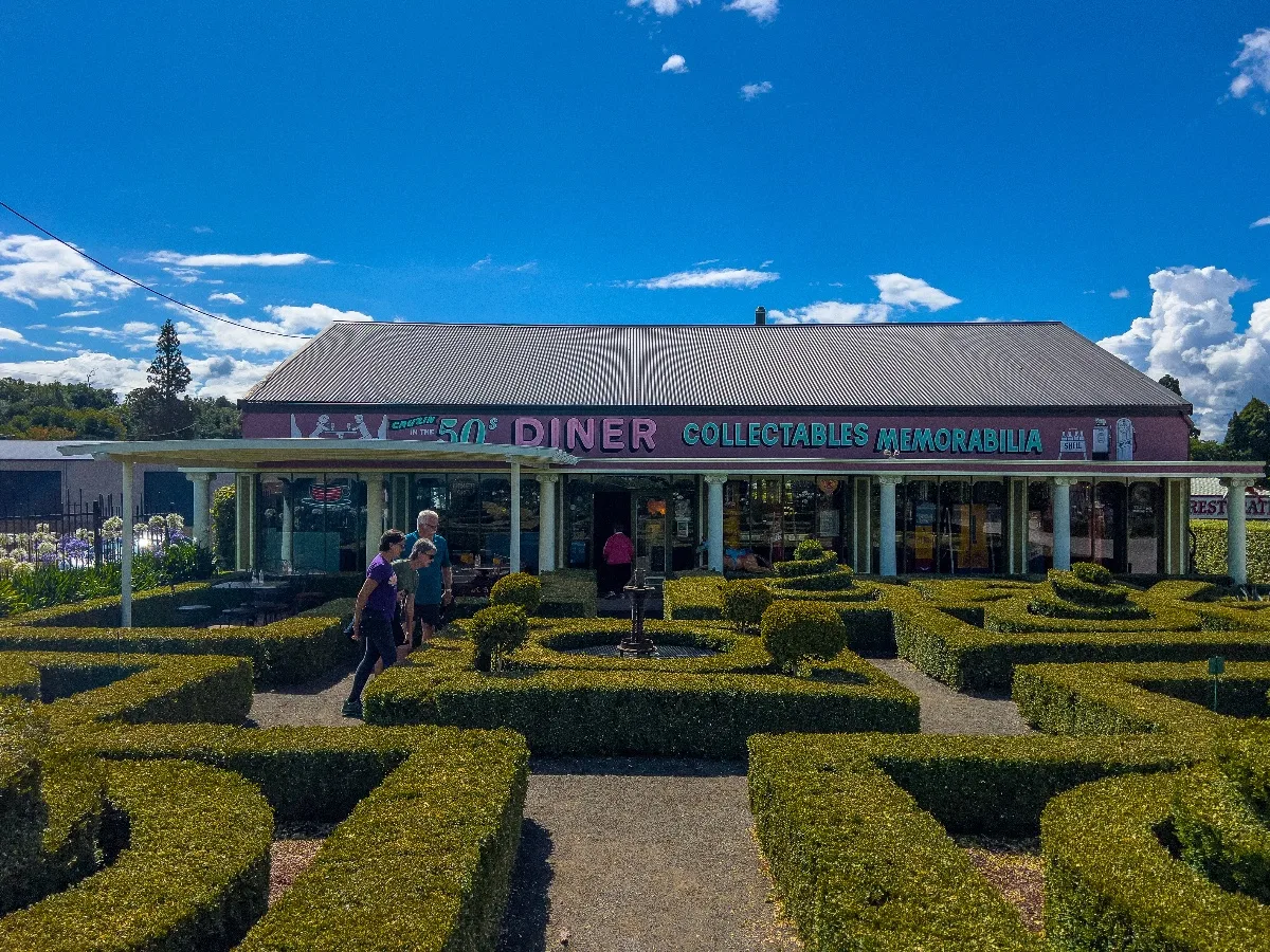 The 50s Diner and its manicured gardens sitting under a bright Tasmanian sky.