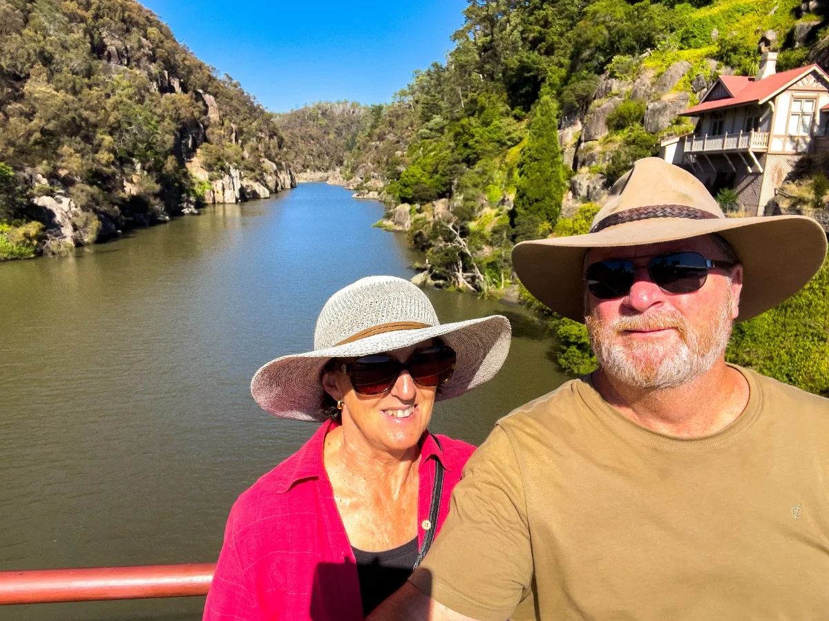 A bright, sunny moment for us overlooking the deep waters of the gorge.