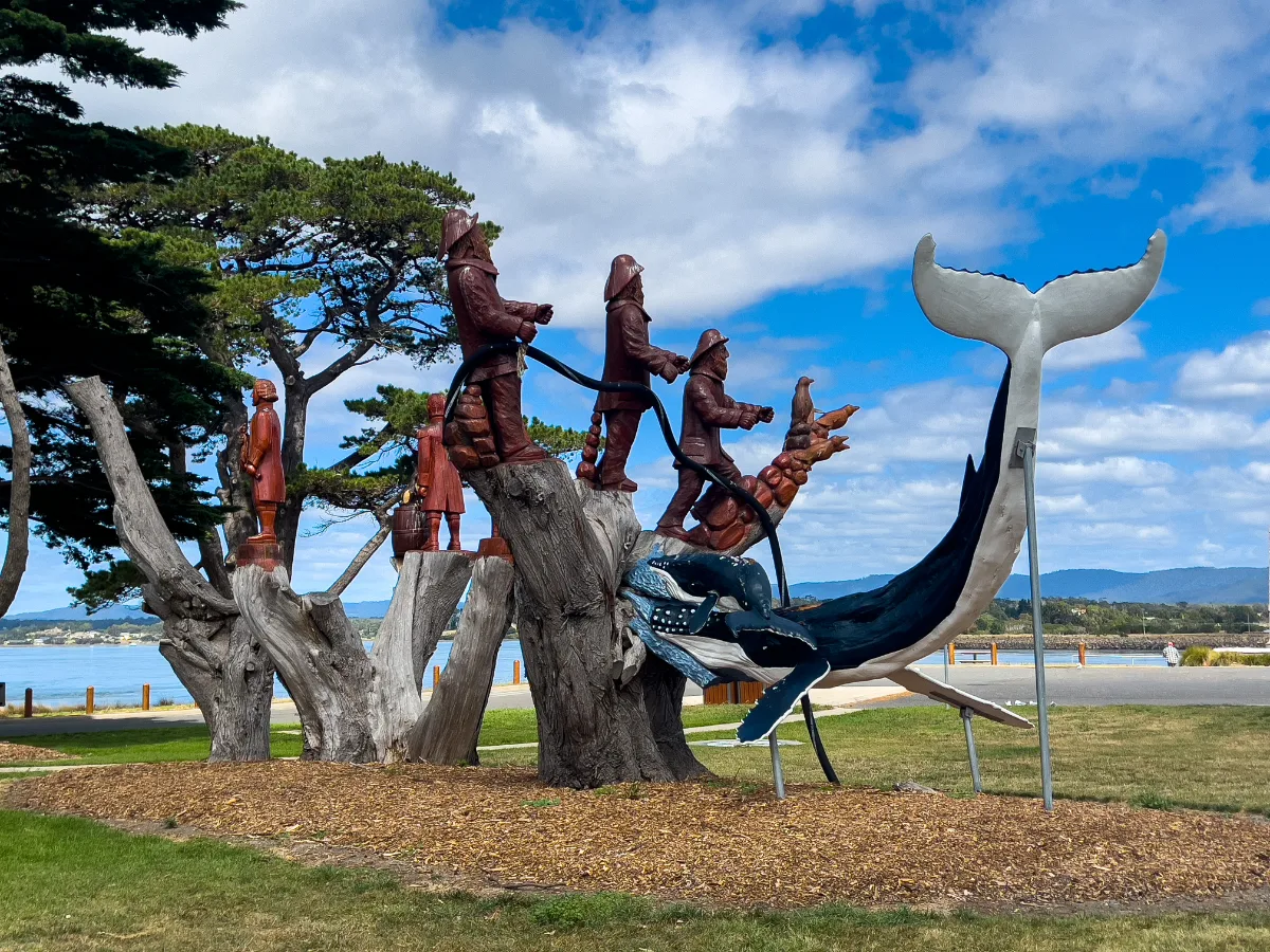 These wooden carvings at the water's edge are incredible, showing the old whalers in action.