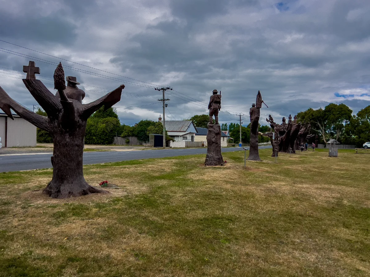The row of carved tree memorials at Legerwood standing as a beautiful tribute to the local men.