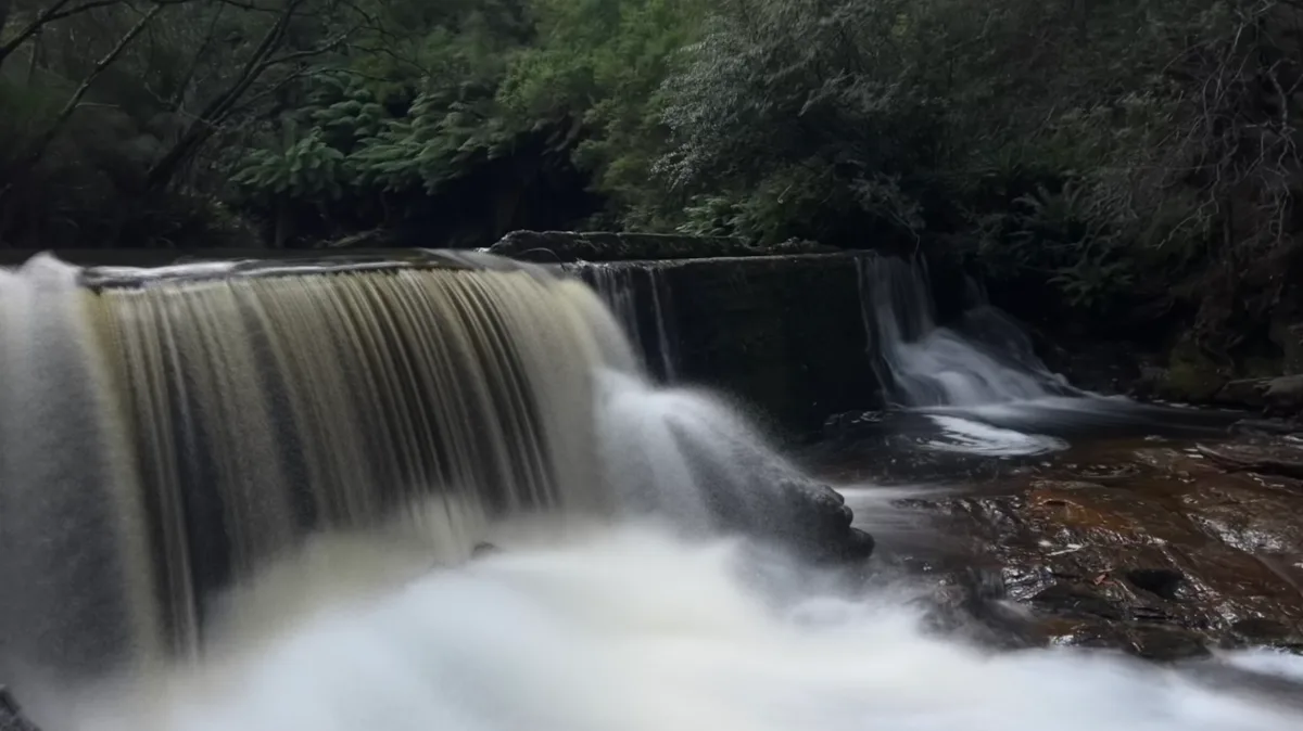 The main drop of Halls Falls, where the water flows in a perfect, wide curtain over the stone.