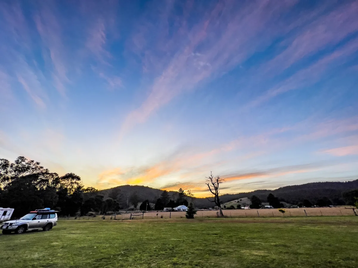 A breathtaking sunrise over the paddocks in Pyengana, finally giving us a break from the wild winds.