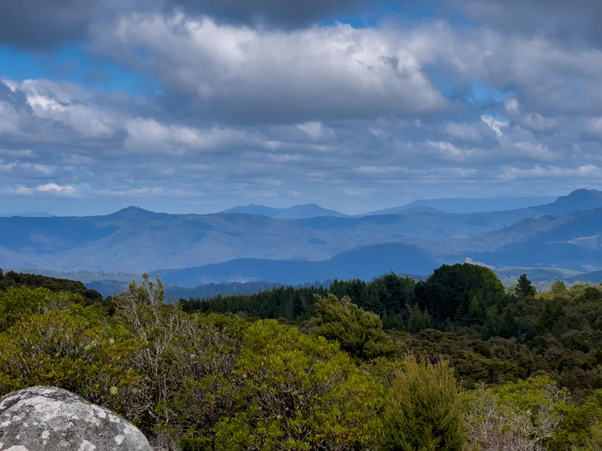 Looking out across the rugged Tasmanian wilderness from the top of the Moon Valley Rim Circuit.