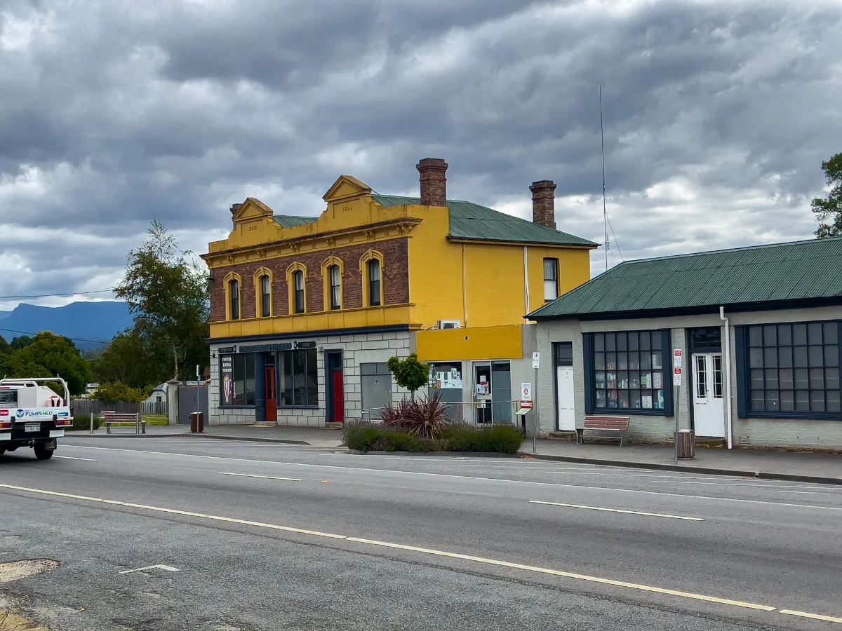 This vibrant yellow corner building adds a brilliant splash of colour to the town.