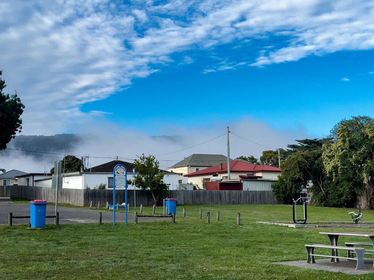 The view from the park in Fingal as the heavy Tassie mist began to roll over the houses and hide the valley.