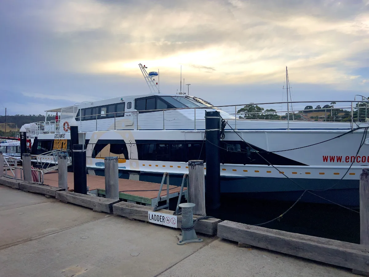 The ferry waiting for us at the pier—a smooth ride over, though we weren't prepared for the Antarctic chill!