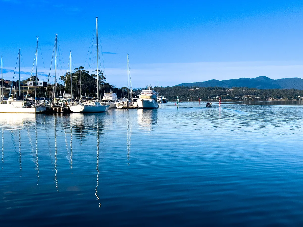 The marina at Triabunna looking like a postcard with those deep blue waters and the mountains in the distance.