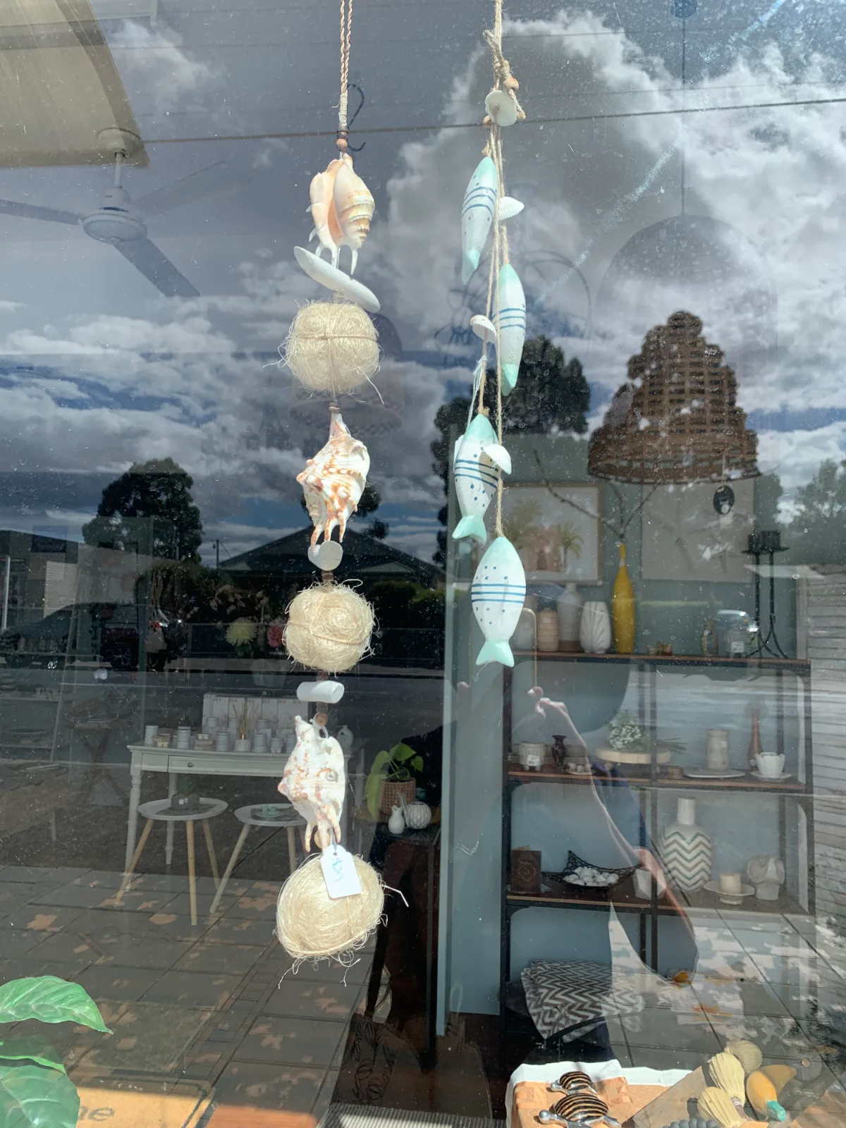 Some of the seaside treasures Lisa spotted in a shop window, featuring delicate shells and little wooden fish.