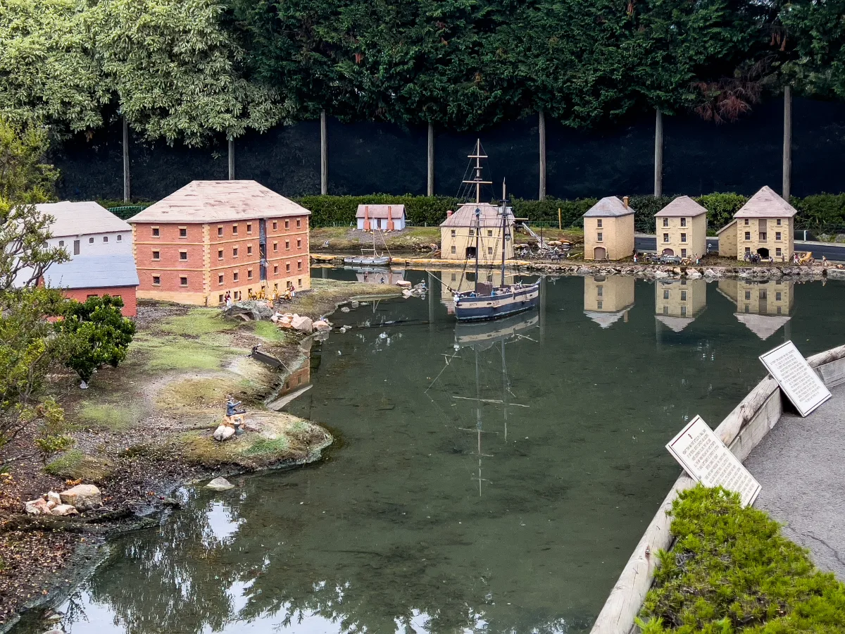 The miniature Hobart waterfront, complete with a tiny sailing ship.