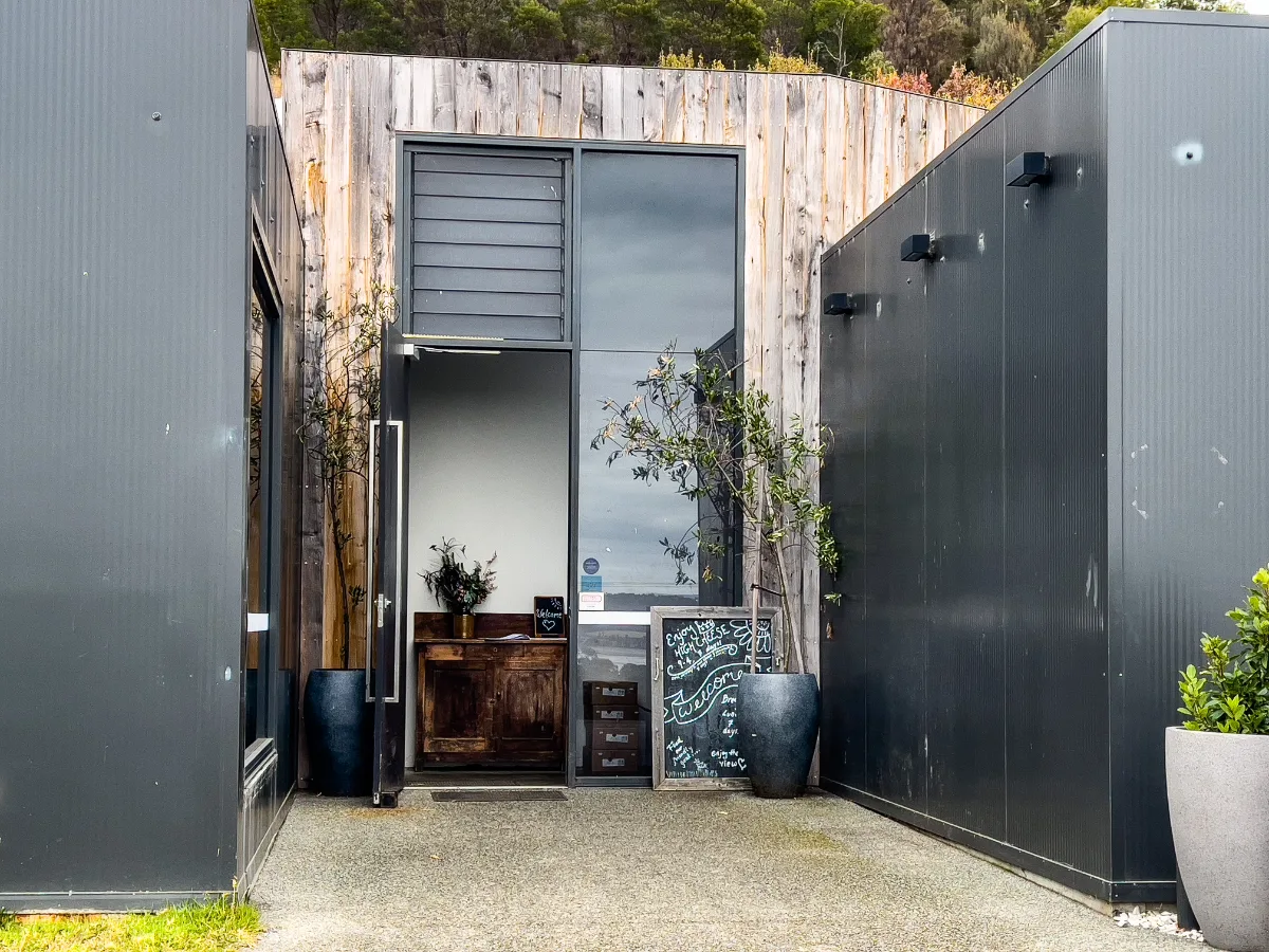 The modern, moody entrance to Coal River Farm where we started our morning.