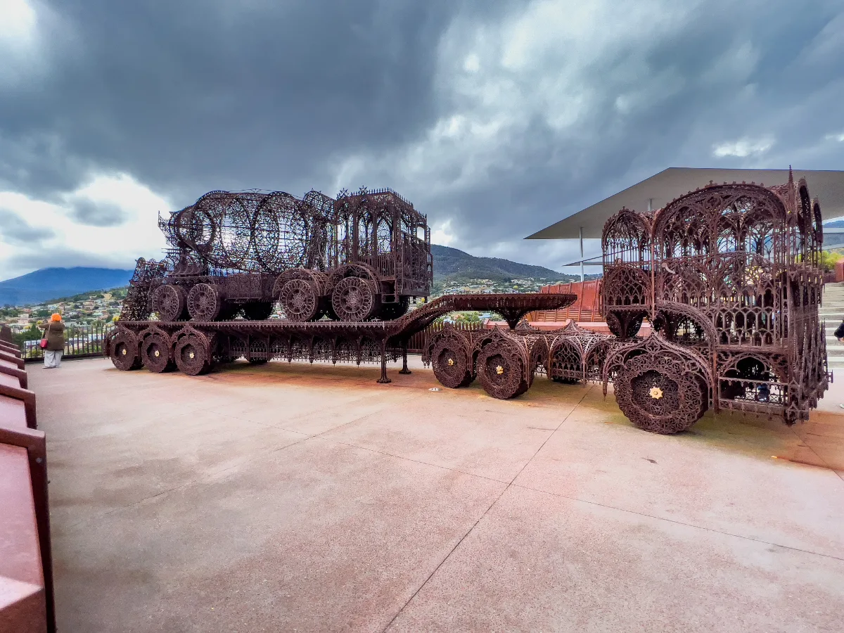 This incredible truck is a maze of rusty iron lace, sitting out on the MONA terrace.