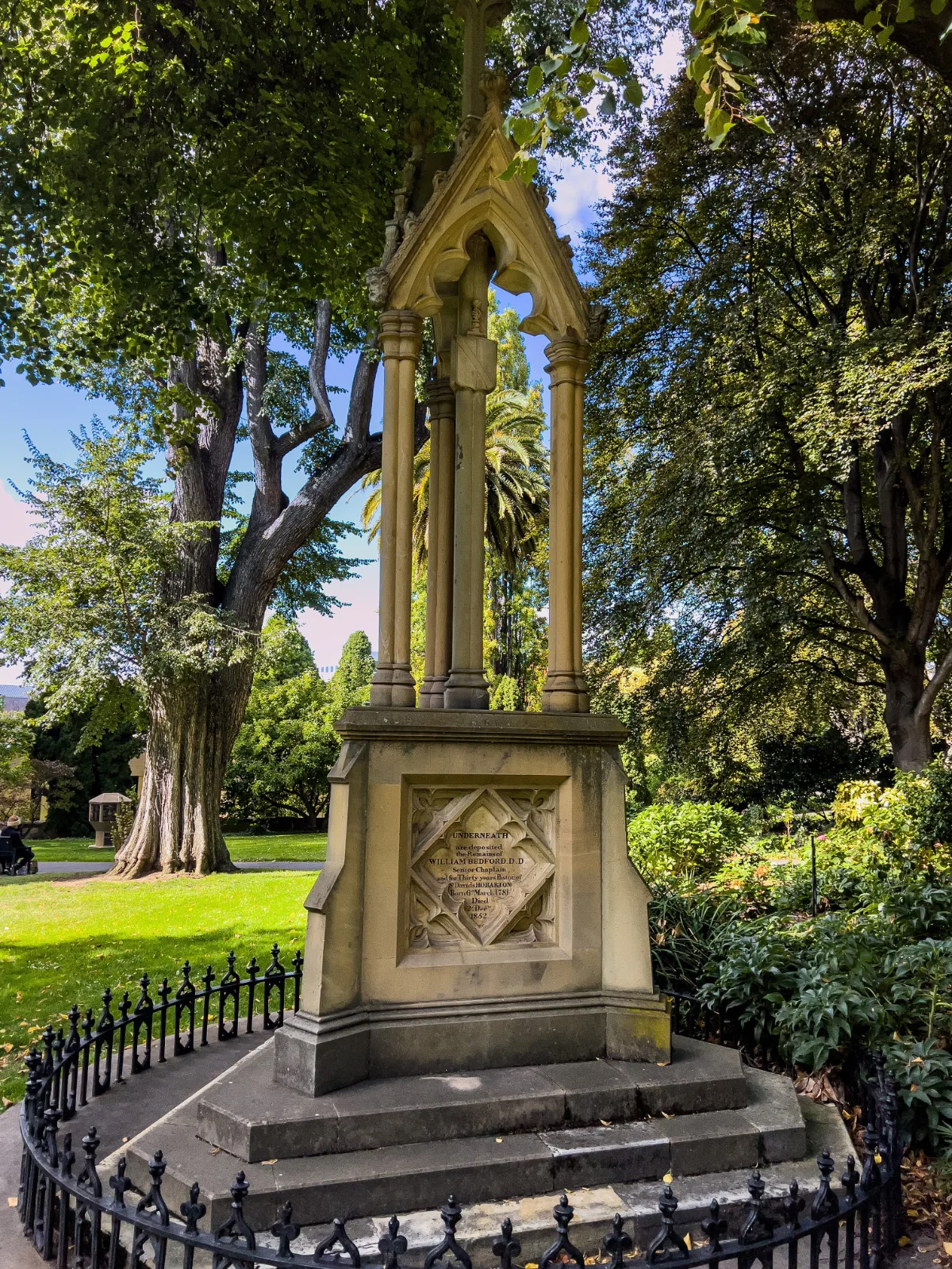 The ornate stone memorial we found tucked away in the peaceful shade of St David’s Park.