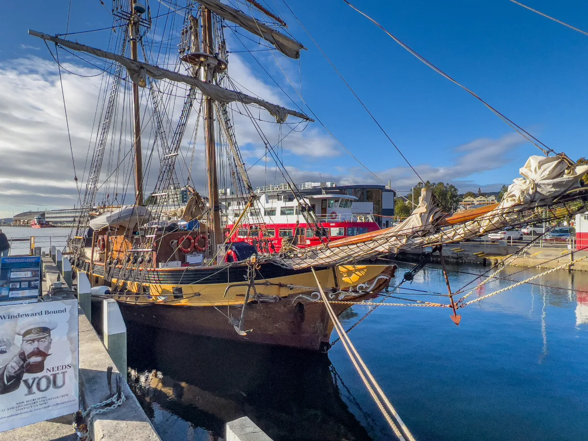 The beautiful tall ship moored at the Hobart docks, looking every bit the historic adventurer.