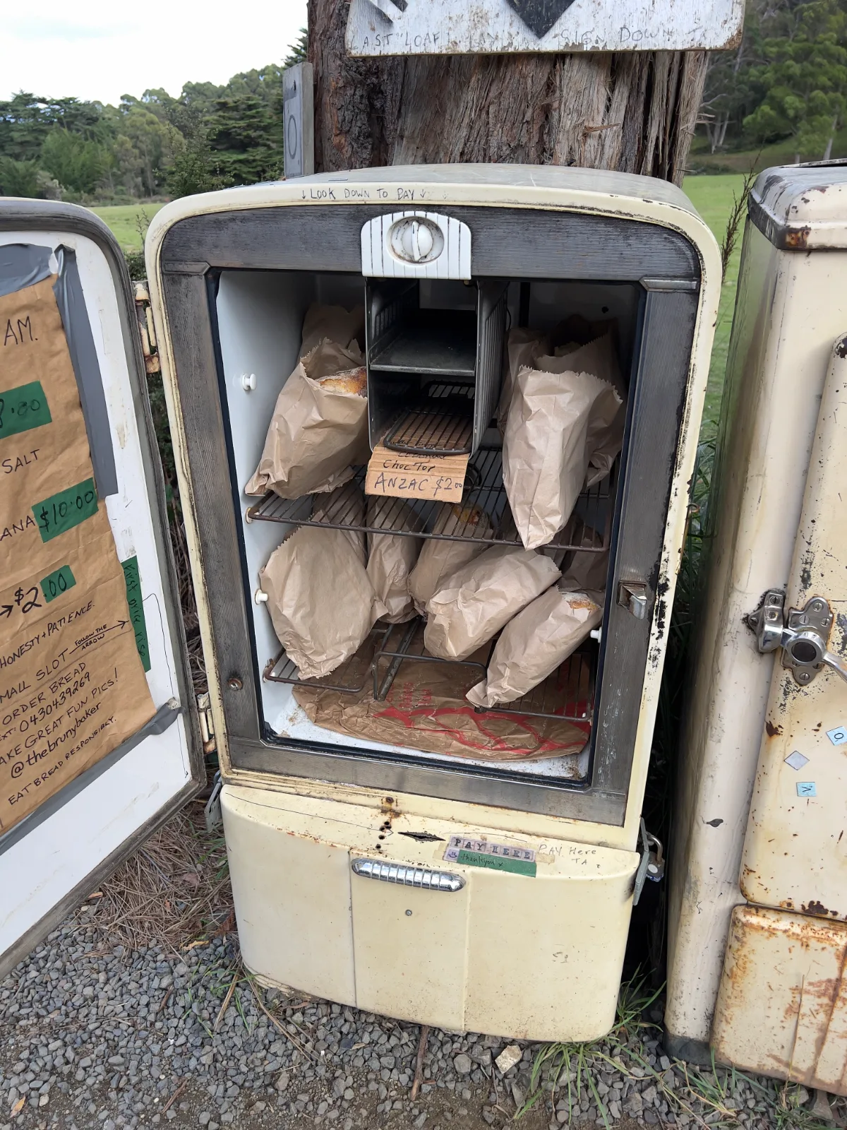 The most honest bakery in the world—fresh sourdough waiting in a vintage fridge by the roadside.