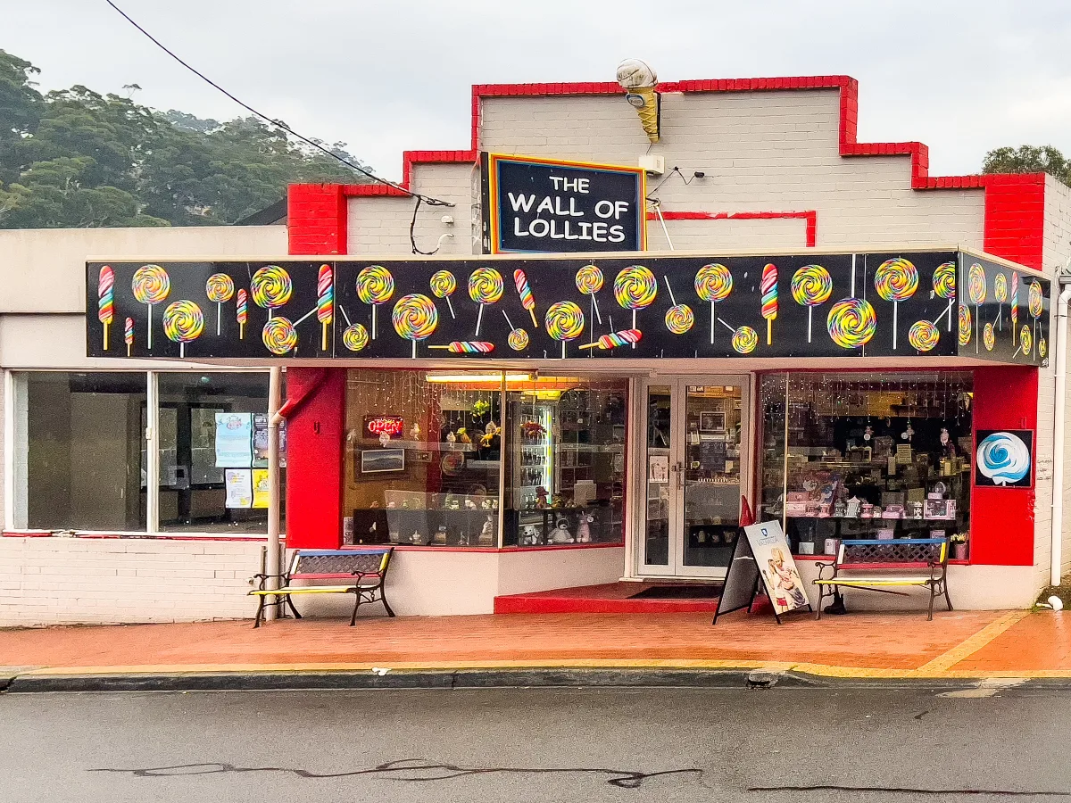 The Wall of Lollies in Geeveston; a very colourful shop that we knew the grandkids would love.