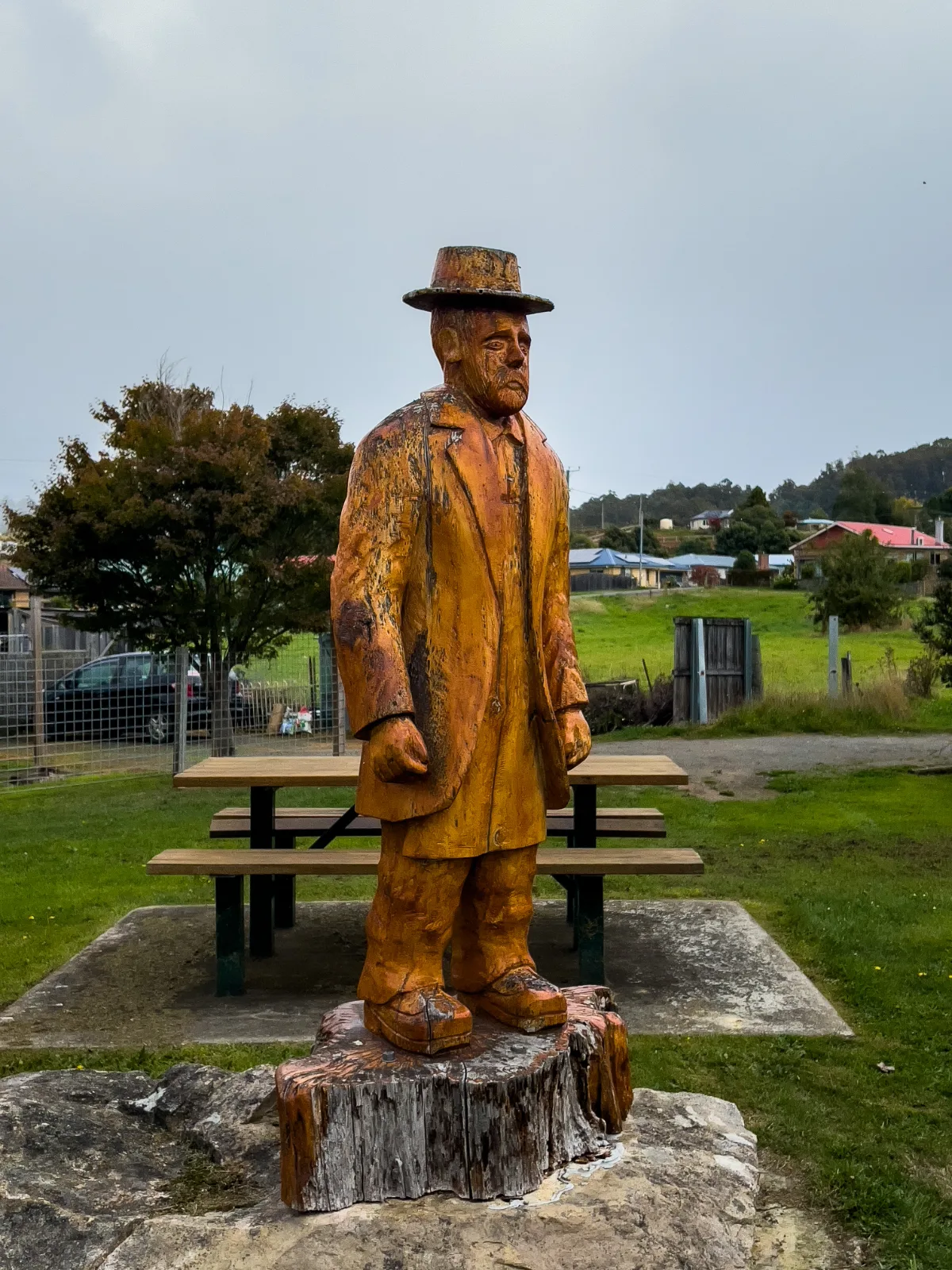 This carved gentleman in his long coat looks like he’s lived in Geeveston for a century.
