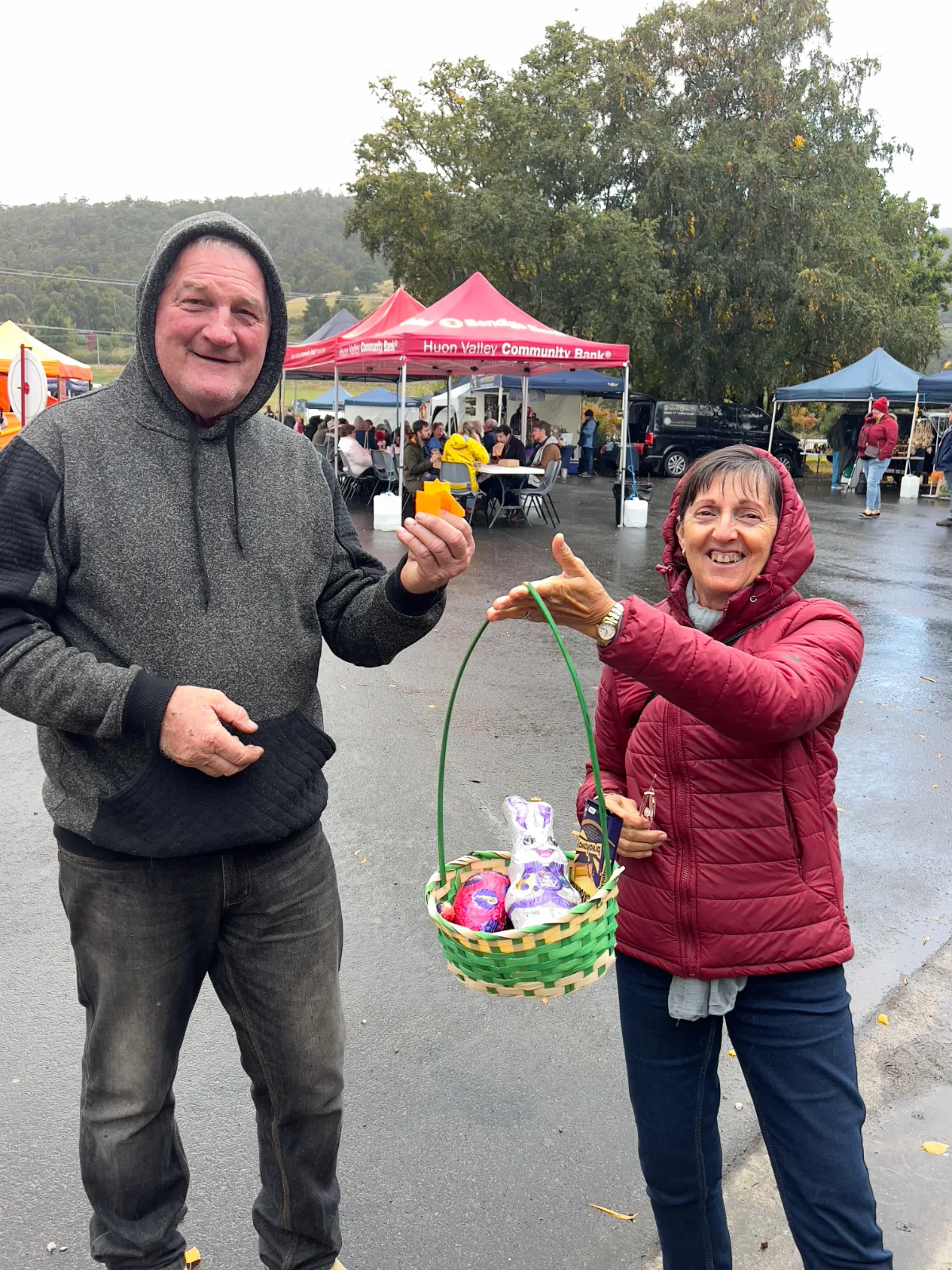 Lisa showing off her prize! She won this basket of chocolates in the Easter rally, much to Steve's delight.