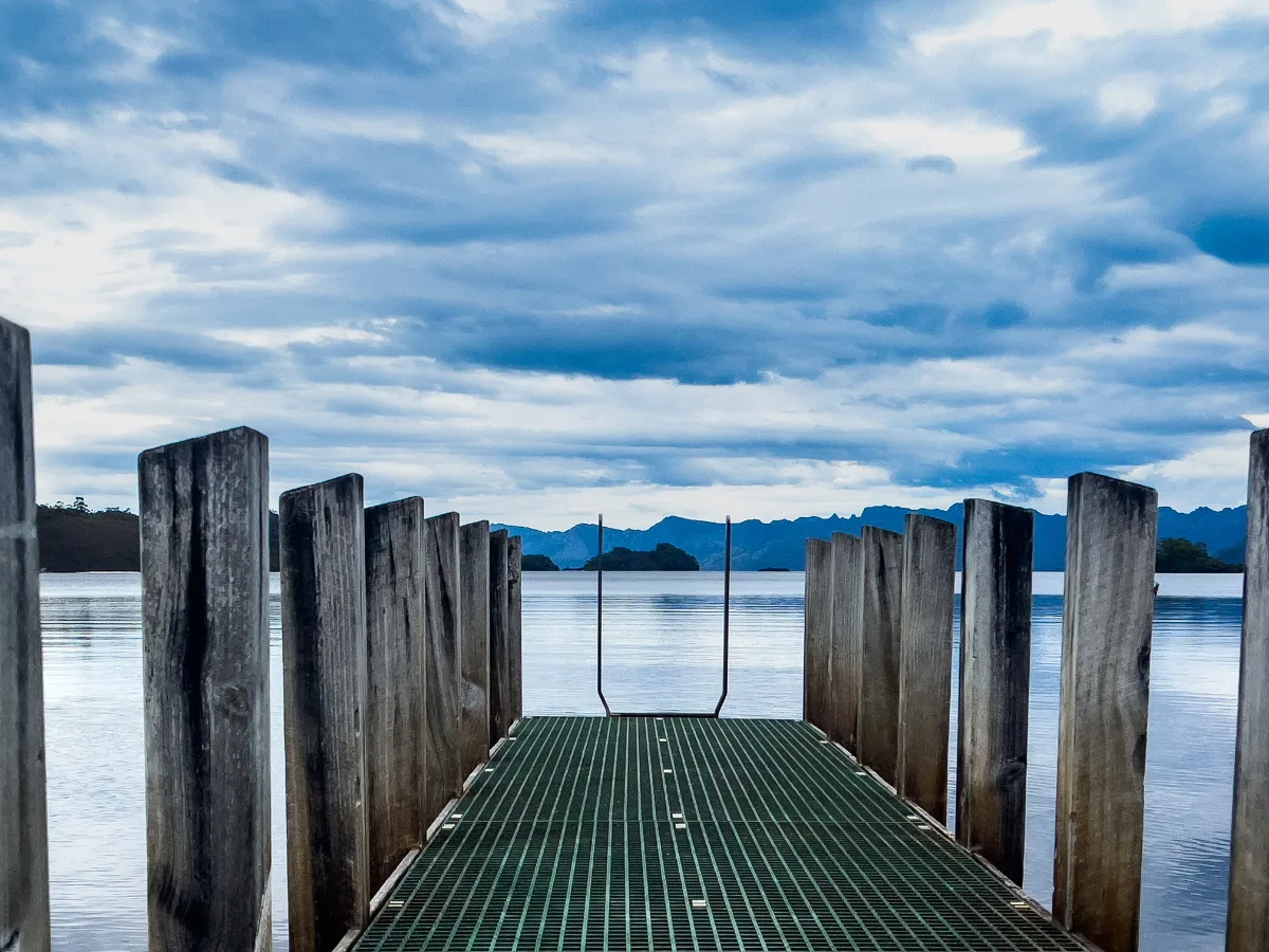 A very moody morning tea view looking out from the jetty at Lake Pedder.